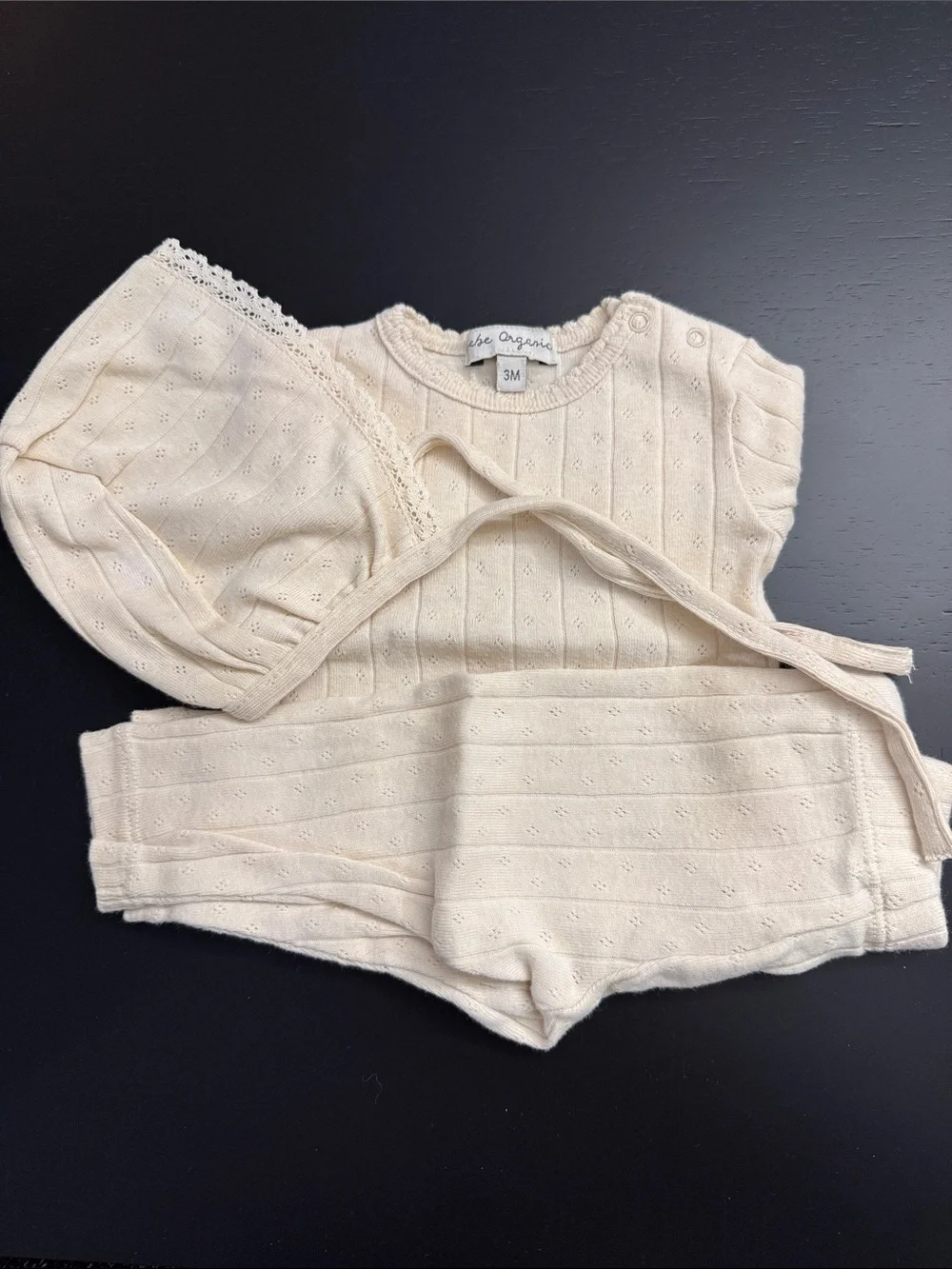 Organic Cotton Baby Top, Shorts & Bonnet Set - Cream